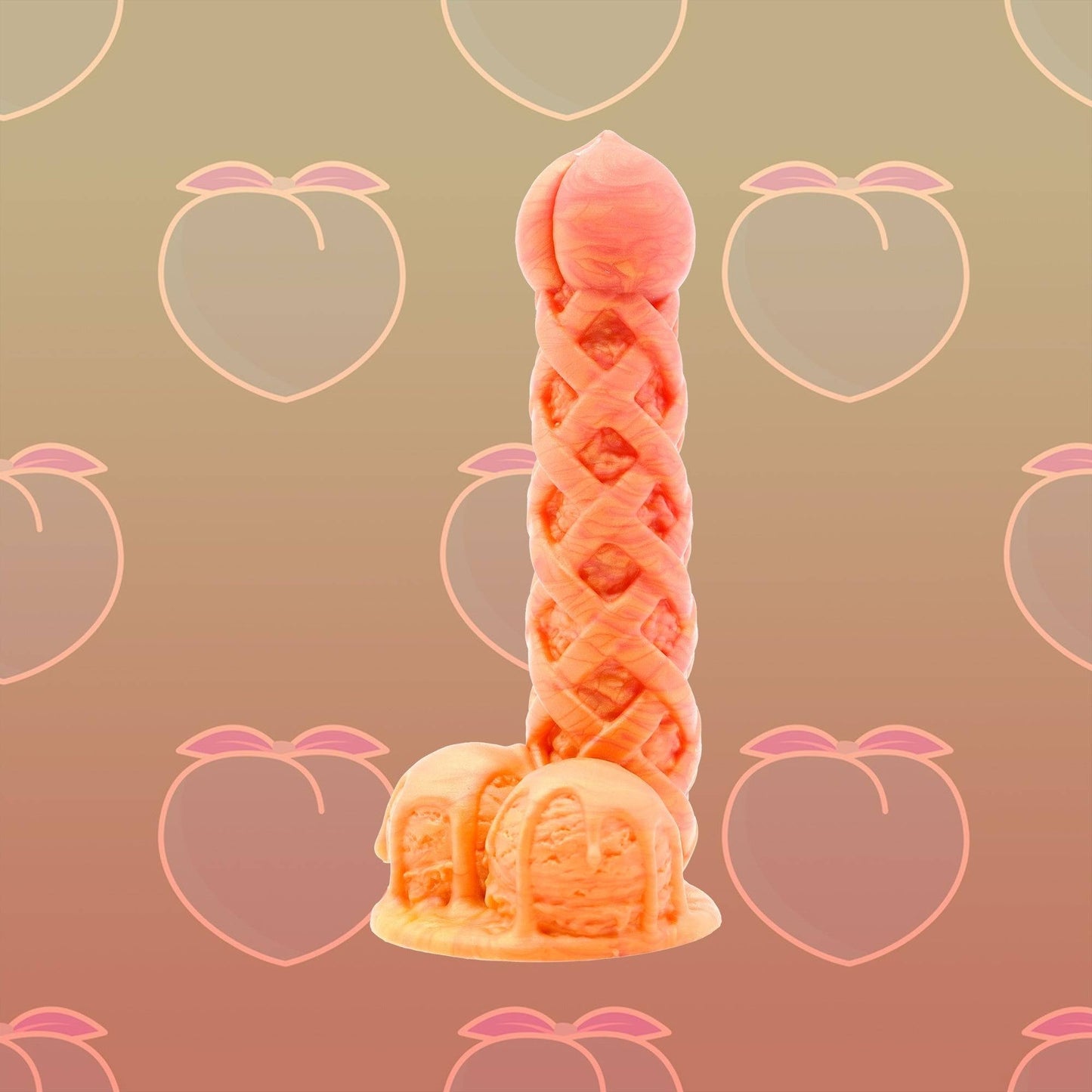 The Peach Pie Fantasy Dildo features a juicy bulbous tip, and a lattice textured shaft  filled with crevices and ridges. 