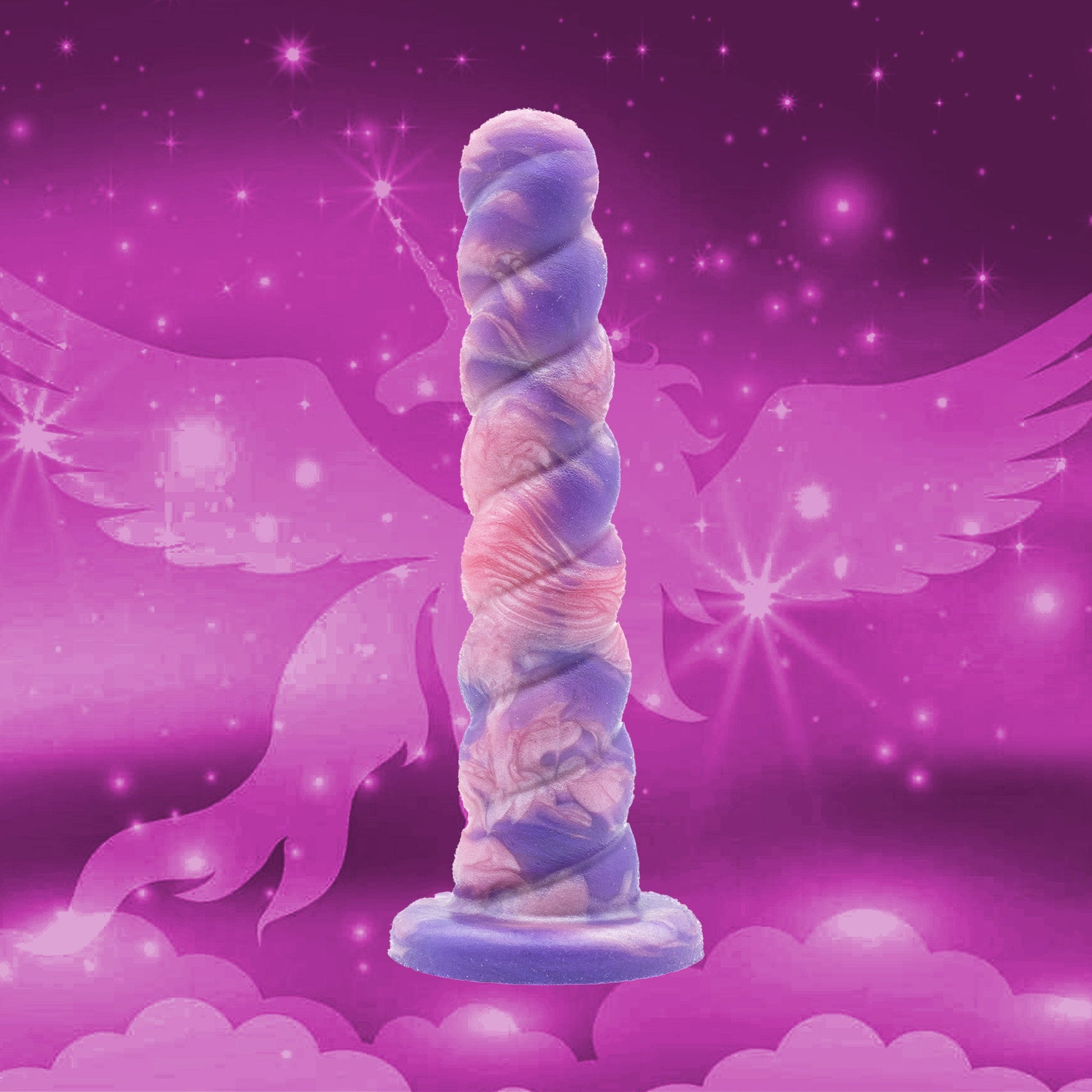 The horny unicorn is a unicorn dildo. Our unicorn dildo has an oval-shaped tip that rounds and slightly enlarges as you progress down its shaft that’s filled with twists and crevices. 