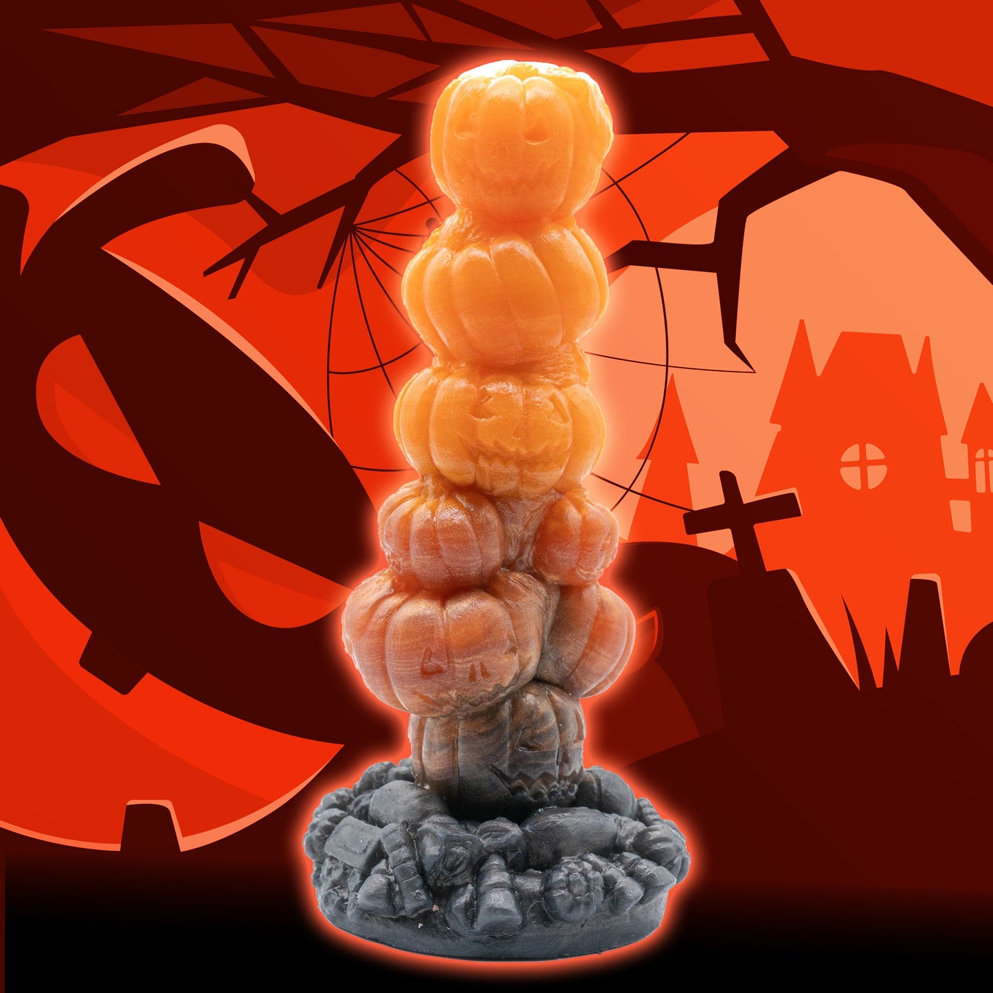 Pumpkin Spice is a pumpkin dildo with knots, jack-o-lanterns stacked on top of each other. Bulbous tip with deep crevices and grooves. 