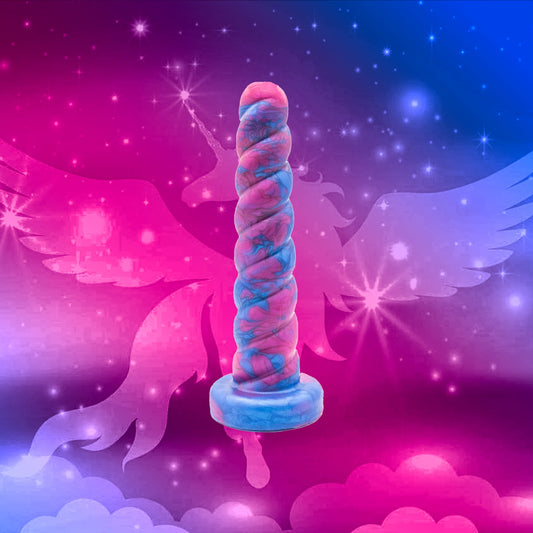 The horny unicorn is a unicorn dildo. Our unicorn dildo has an oval-shaped tip that rounds and slightly enlarges as you progress down its shaft that’s filled with twists and crevices. 