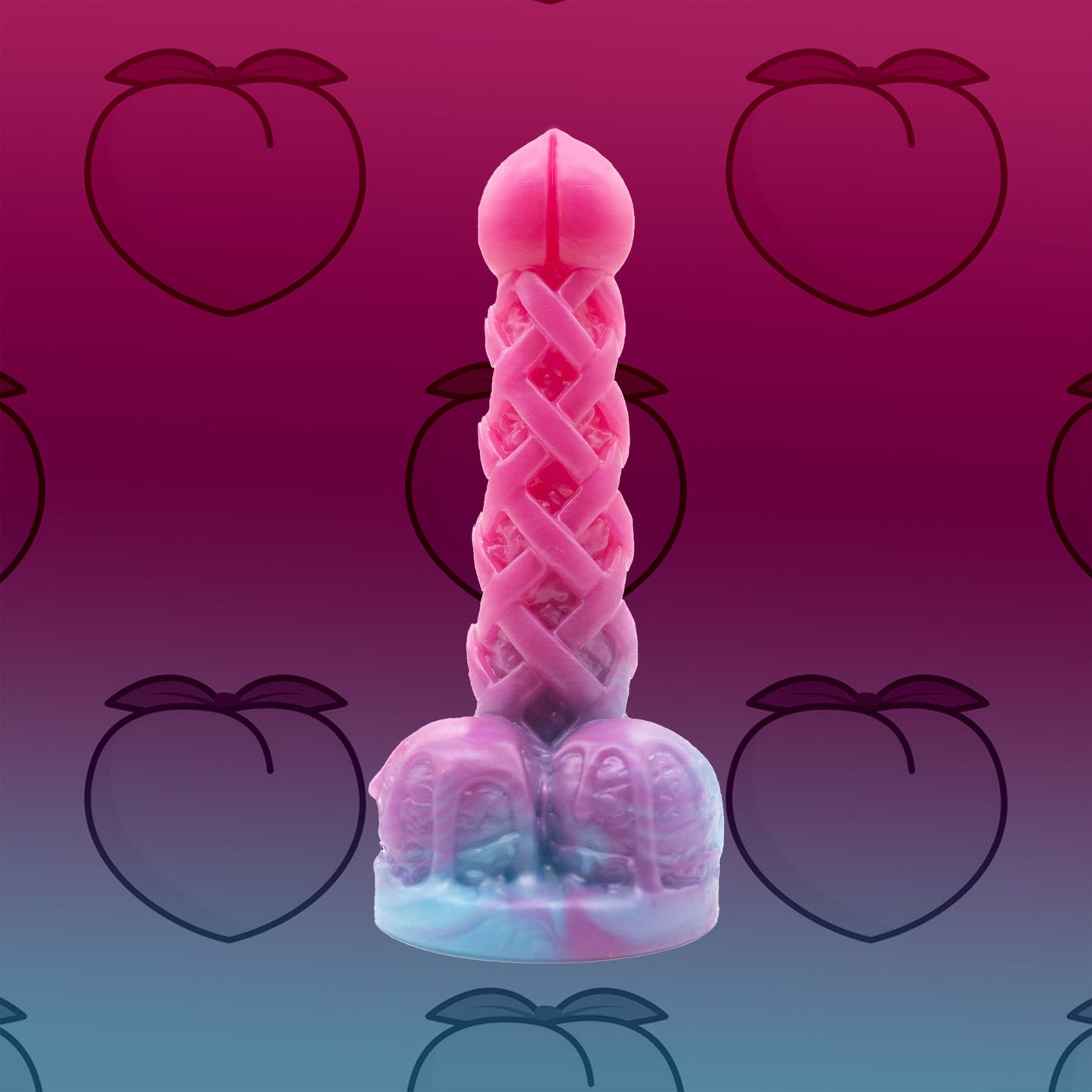 The Peach Pie Fantasy Dildo features a juicy bulbous tip, and a lattice textured shaft  filled with crevices and ridges. 